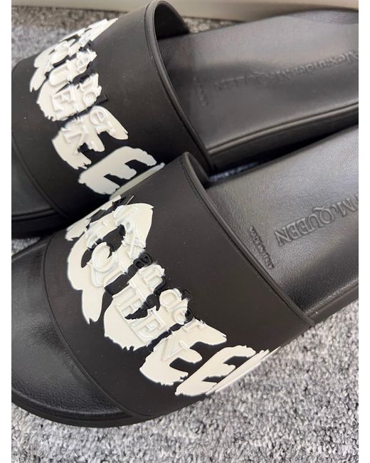 McQueen Black Grafitti Logo Printed Slip-On Slides for men