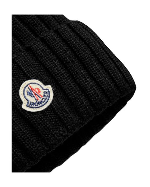 Moncler Black Logo Patch Knitted Beanie
