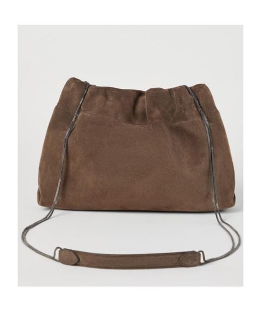 Brunello Cucinelli Brown Logo-Printed Chain-Linked Shoulder Bag