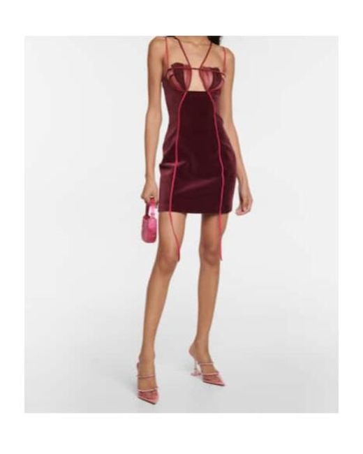 Nensi Dojaka Red Cutout Velvet And Mesh Minidress
