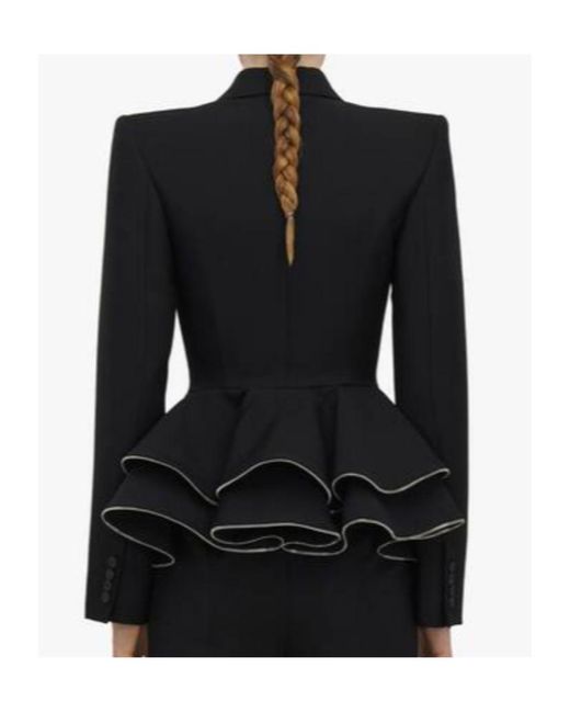 McQueen Black Zipped Peplum Double-Breasted Blazer
