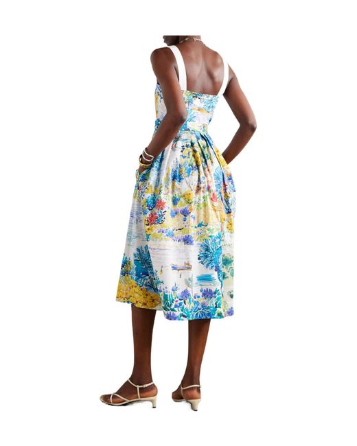 Mary Katrantzou Blue Iris Pleated Floral-Print Cotton-Poplin Midi Dress