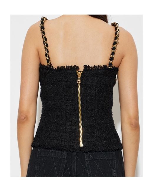 Balmain Black Chain-Strap Tweed Top