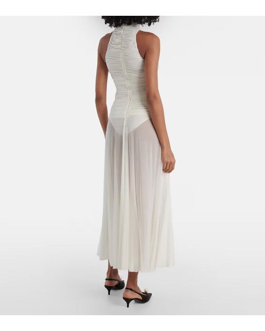 Magda Butrym White Ruched Sheer High-Neck Maxi Dress