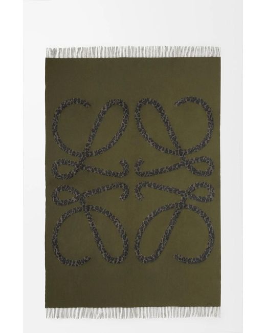 Loewe Green Reversible Leopard Fringe Scarf for men