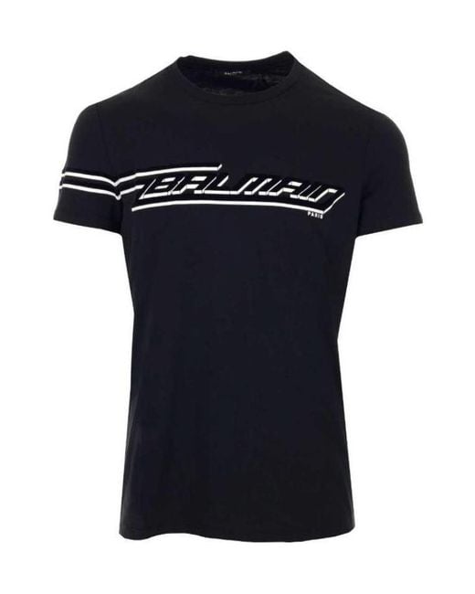 Balmain Black Flocked Cotton T-Shirt With Logo Print for men