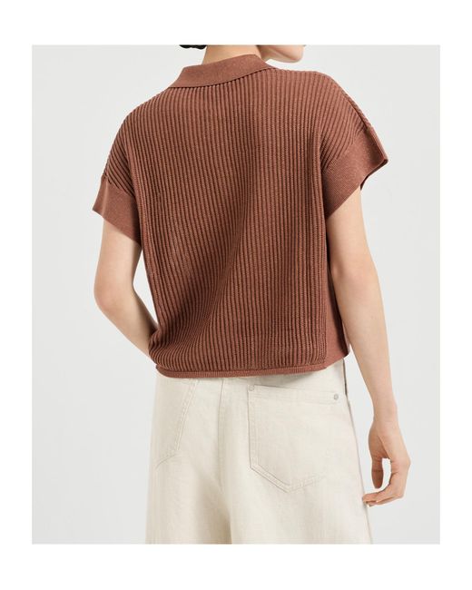 Brunello Cucinelli Brown Ribbed Buttoned Polo Shirt