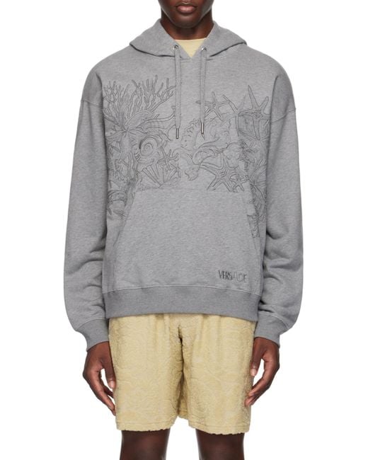 Versace Gray Milano Stamp-Embroidered Drawstring Hoodie for men