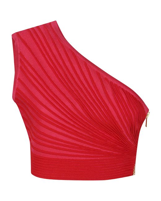 Balmain Red One Shoulder Cropped Knit Top