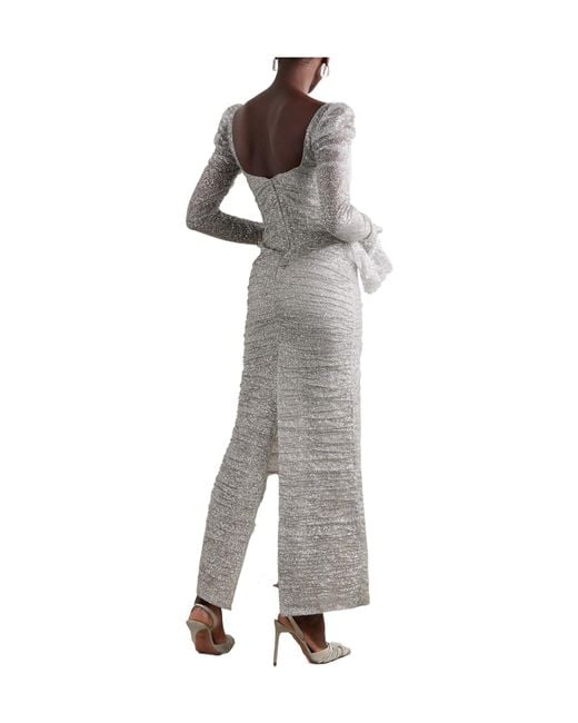 Sandra Mansour Gray Ruffled Glittered Tulle Gown