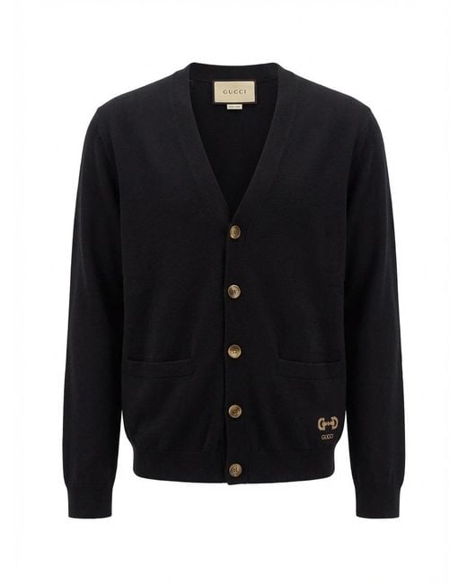 Gucci Black Logo Embroidered V-Neck Cardigan for men