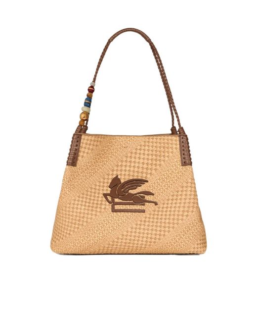 Etro Natural Large Libra Pegasus Bead Shoulder Bag