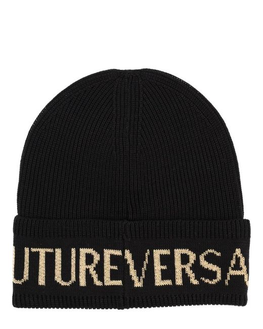 Versace Jeans Black Couture Logo Beanie Hat for men