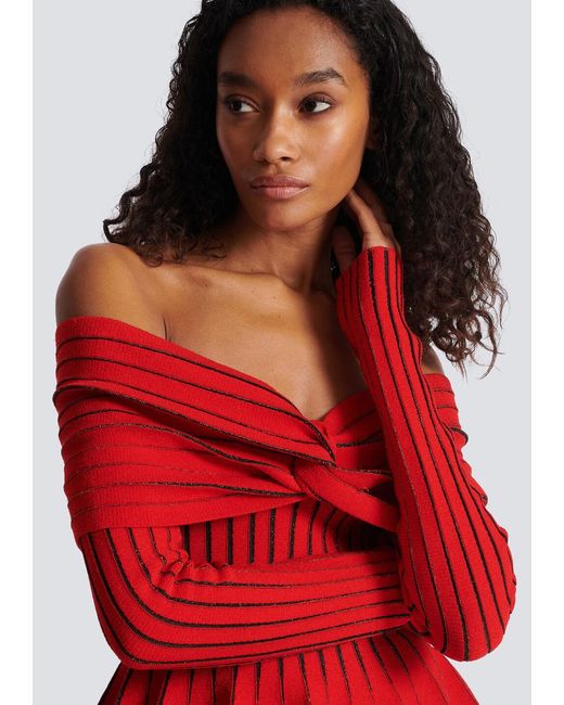 Balmain Red Knotted Off-The-Shoulder Top