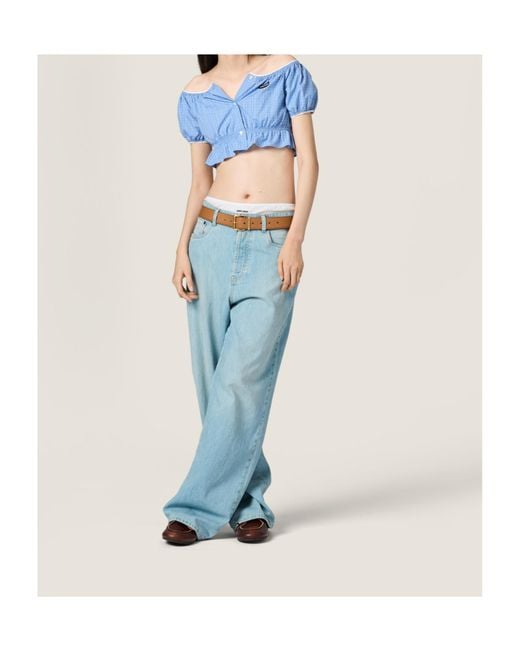 Miu Miu Blue Checked Poplin Cropped Top