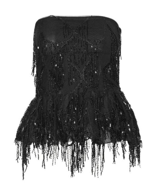 ROTATE BIRGER CHRISTENSEN Black Sequinned Sleeveless Fringed Top
