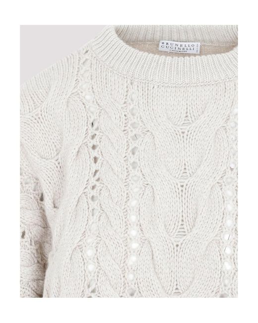 Brunello Cucinelli White Cable-Knitted Long-Sleeved Jumper