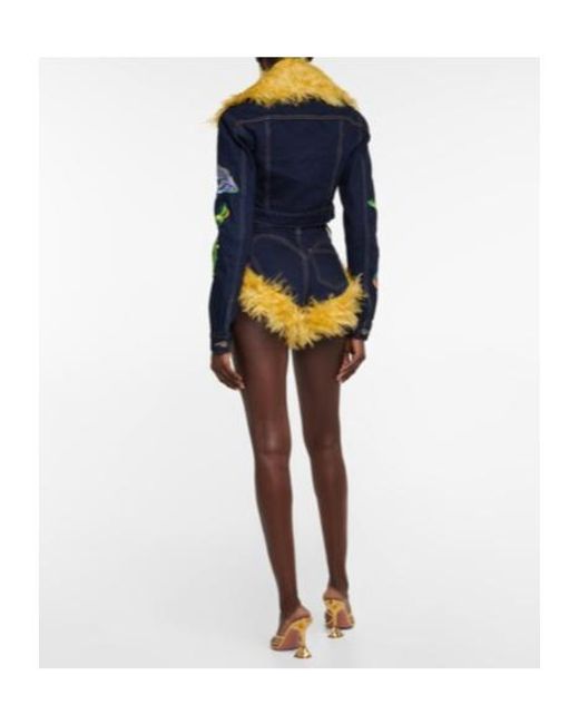 Area Blue Mohair-Trimmed Cropped Denim Jacket