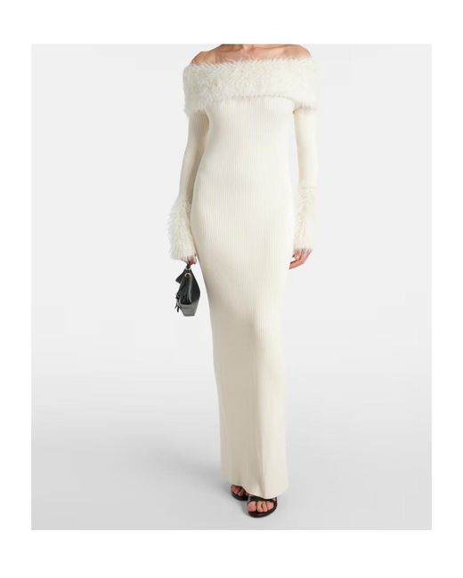 Jean Paul Gaultier White Ribbed-Knit Faux Fur-Trimmed Maxi Dress