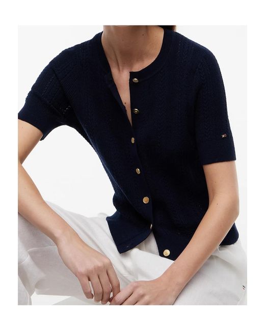 Tommy Hilfiger Blue Pointelle-Tone Button Short Sleeve Cardigan