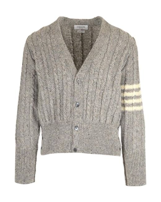 Thom Browne Gray Rwb Striped Twist Cable-Knitted Cardigan for men