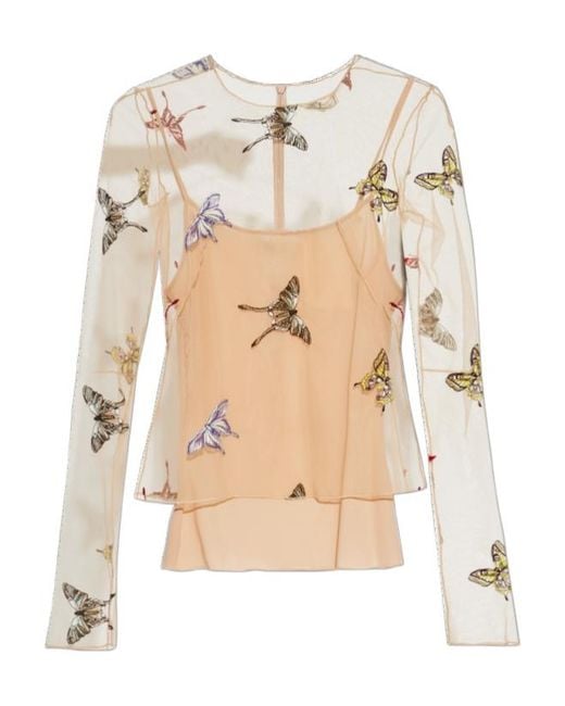 Blumarine Natural Sheer Butterfly-Embroidered Top