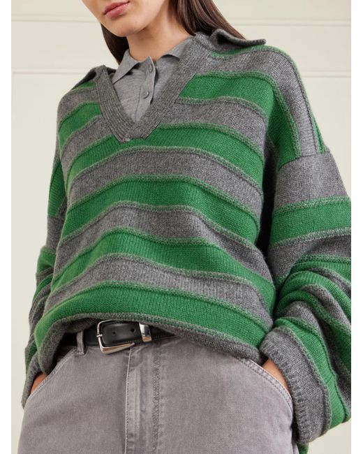 The Elder Statesman Green Dume Striped Cashmere Polo Sweater