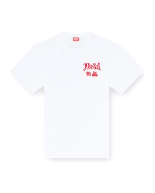 DIESEL White Cotton T-Shirt With Flock Graphic for men