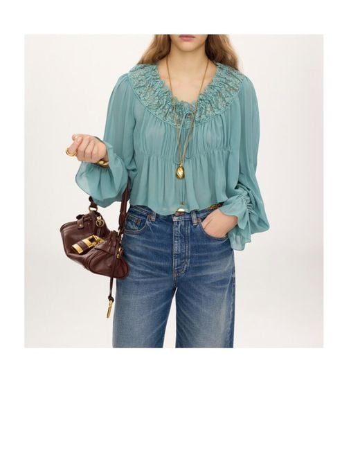 Chloé Blue Scoop-Neck Cropped Silk Blouse