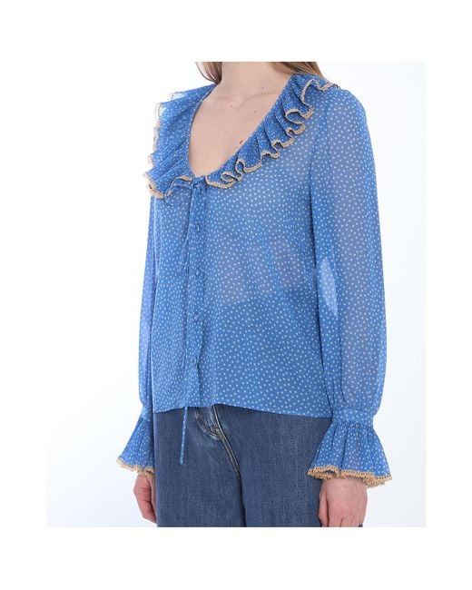 Valentino Blue Polka-Dot Printed Ruffled Blouse