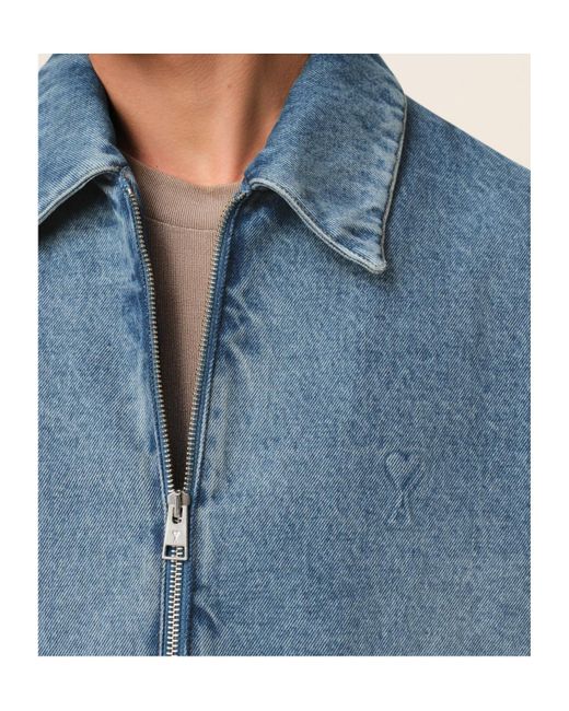 AMI Blue Logo Embossed Zip-Up Denim Jacket for men