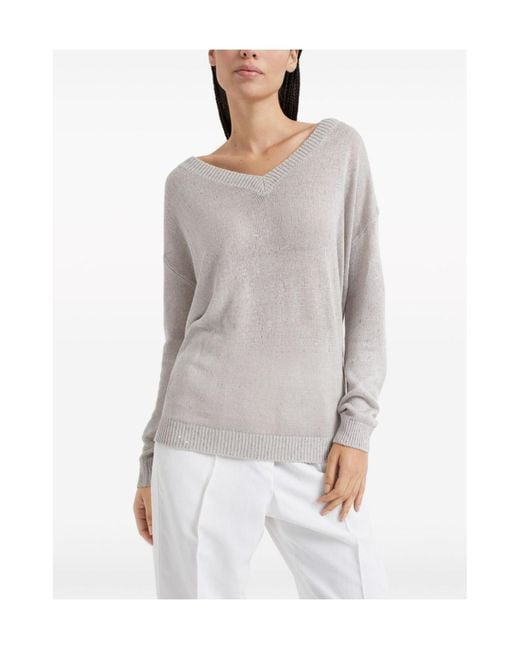 Brunello Cucinelli White Sequin-Embellished V-Neck Jumper