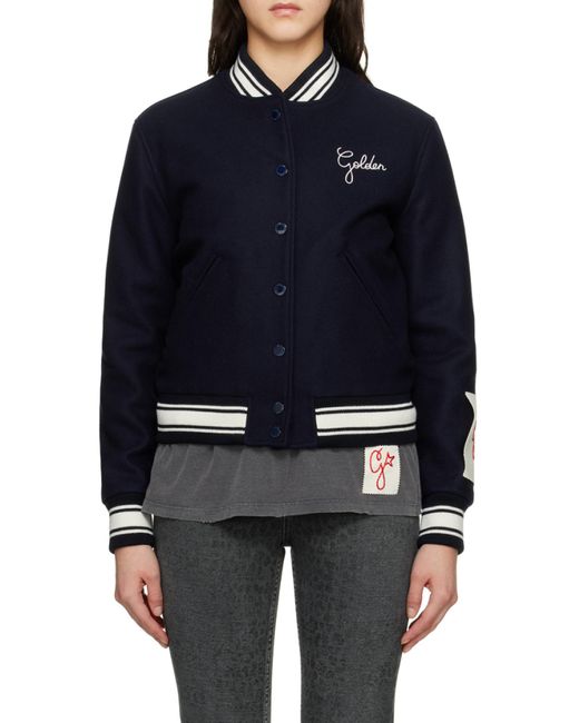 Golden Goose Deluxe Brand Blue Logo Embroidered Striped Baseball Jacket