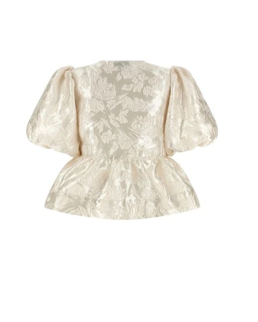 Ganni White Satin Peplum Tie Blouse