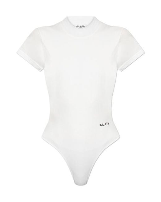 Alaïa White Alaïa Logo Embroidered Jersey Bodysuit