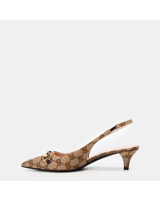 Gucci Natural Motif Canvas Horsebit Sling Pumps