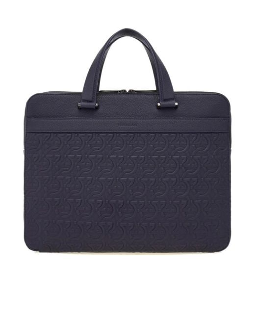 Ferragamo Blue Embossed Gancini Briefcase (S) for men