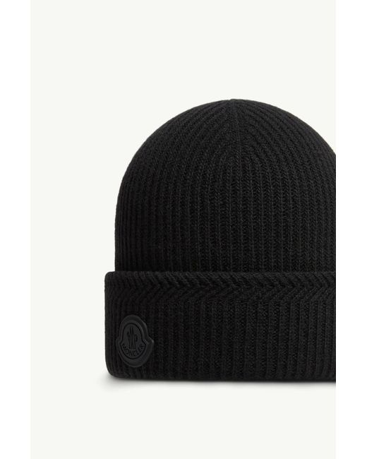 Moncler Black Logo Patch Ribbed Beanie for men