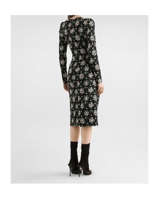 Dolce & Gabbana Black Ruched Floral Midi Dress