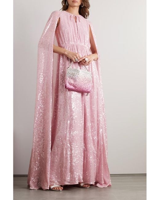 Erdem Pink Kenley Cape-Effect Gathered Sequined Chiffon Gown