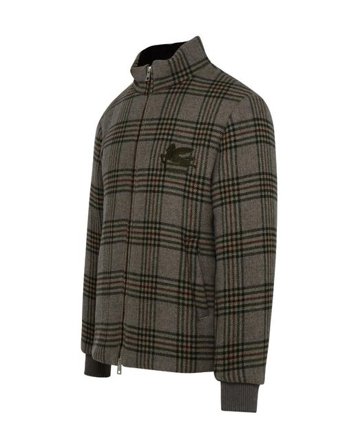 Etro Green Logo Embroidered Checked Zipped Jacket for men