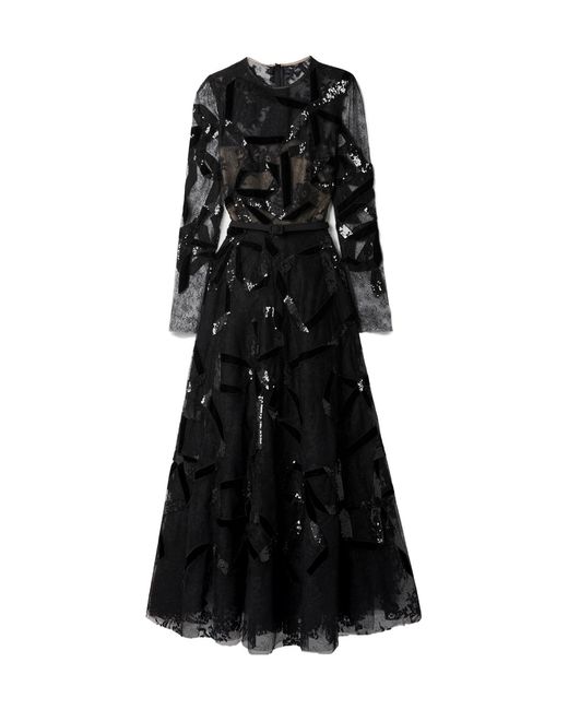 Oscar de la Renta Black Sequined Lace Dress With Belt