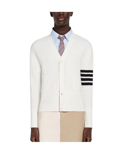 Thom Browne White 4-Bar Stripe Cable Knit Cardigan for men