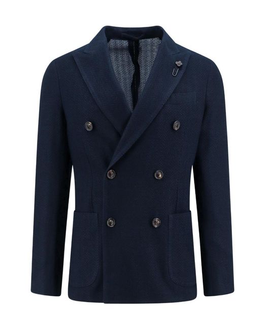 Lardini Blue Double-Breasted Cotton Blazer for men