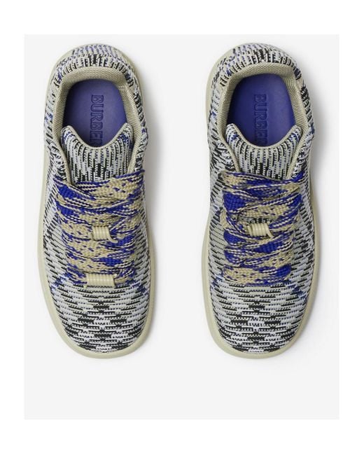 Burberry Blue Box Checked Knitted Lace-Up Sneakers