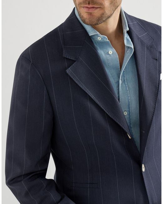 Brunello Cucinelli Blue Virgin Wool Chalk Stripe Tailor Blazer for men