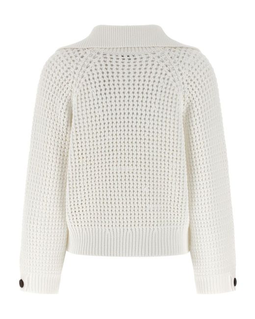 Brunello Cucinelli White V-Neck Knitted Sweater