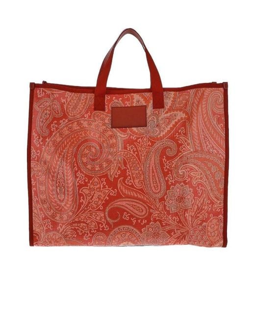Etro Red Paisley Printed Logo Patch Tote Bag