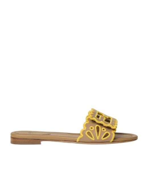 Fendi Metallic Baguette Openwork Embroidered Slides