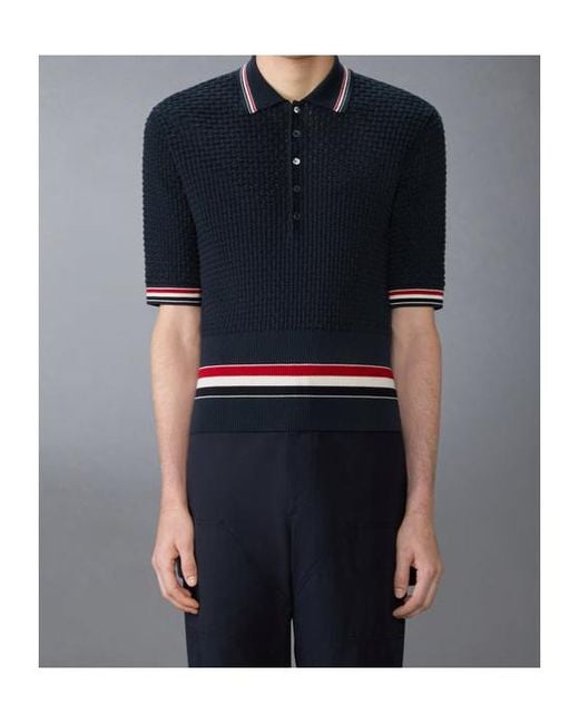 Thom Browne Blue Float Ripple Stitch Rwb Stripe Polo Shirt for men